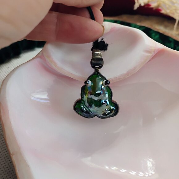 Charles Albert Green Dichroic Glass Frog Pendant in Sterling Silver 1 3/4" - Picture 4 of 8